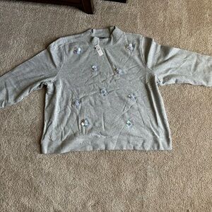 Talbots Light Gray Crewneck Sweater with Iridescent Floral Sequins